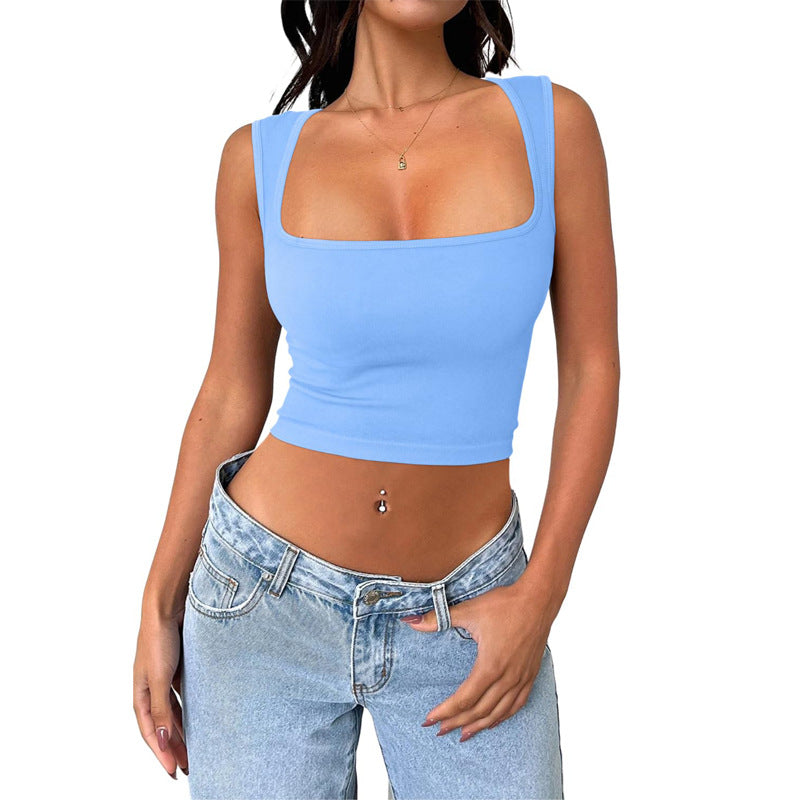 قميص يوغا بدون أكمام بياقة مربعة | Seamless Square Collar Sleeveless Midriff-baring Fashion Camisole Yoga Stretch Top