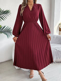 فستان نسائي طويل أنيق مطوي برقبة V وأكمام طويلة | Elegant Womens Long Pleated Dress With A Triple V-Neck Long Sleeves And A Defined Waist