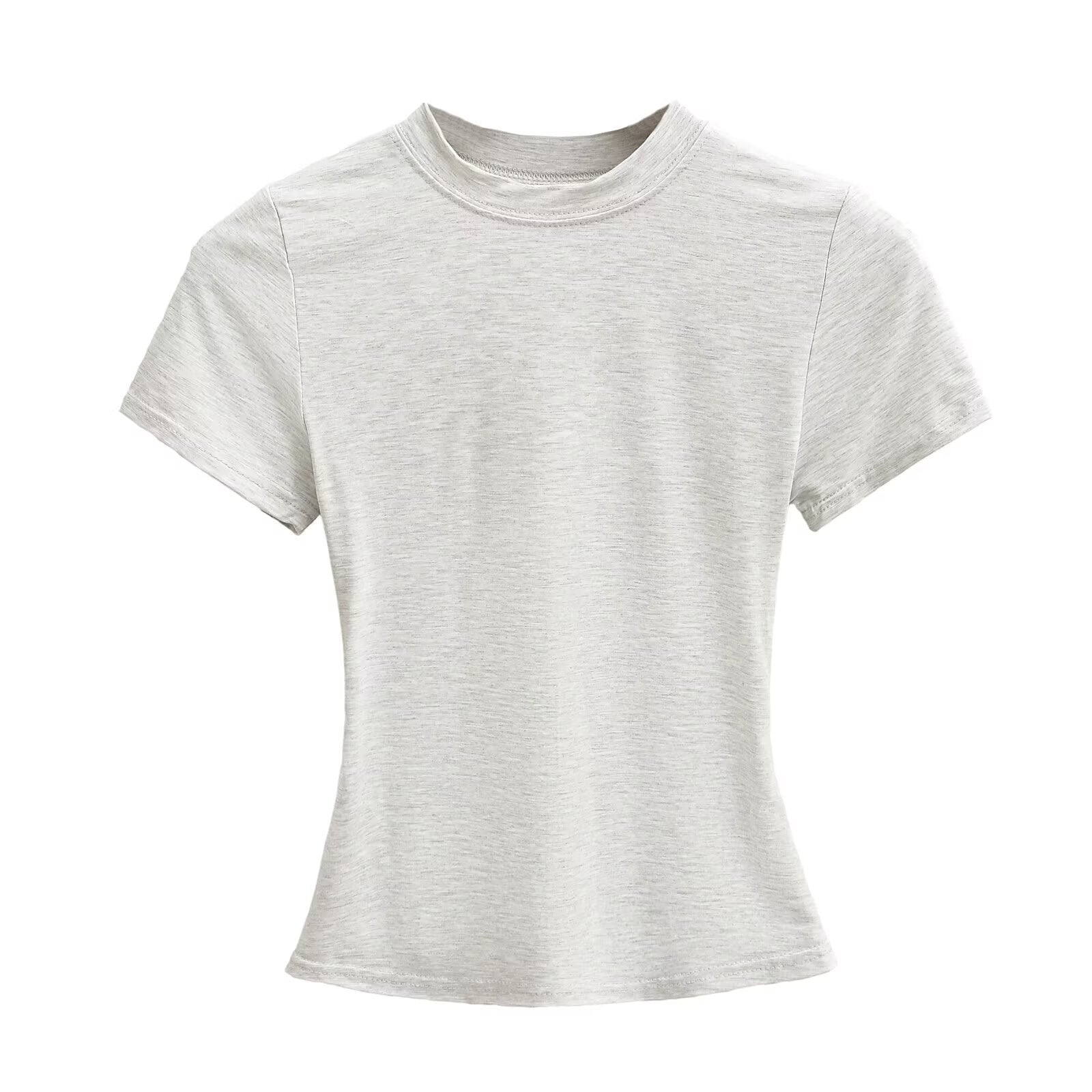تيشيرت نسائي بياقة مستديرة وأكمام قصيرة | Solid Color Small Round Neck Elastic Shoulder Short Sleeve T-shirt