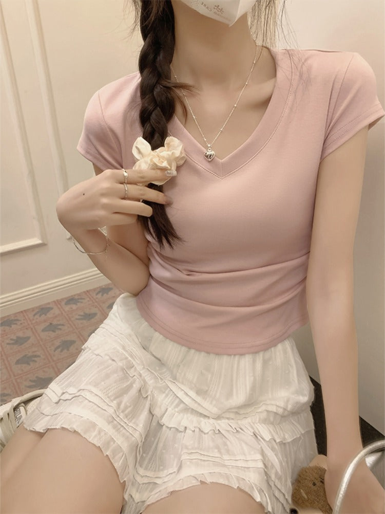 تيشيرت نسائي بياقة V وأكمام قصيرة | V-neck Short-sleeved Shoulder T-shirt Design Tight Waist Bottoming Shirt