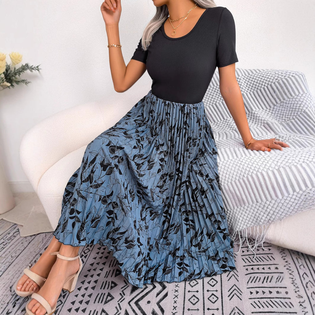 فستان نسائي كاجوال بطبعة أوراق عالي الخصر مطوي | Womens Casual Leaf-Print High-Waisted Pleated Midi Dress
