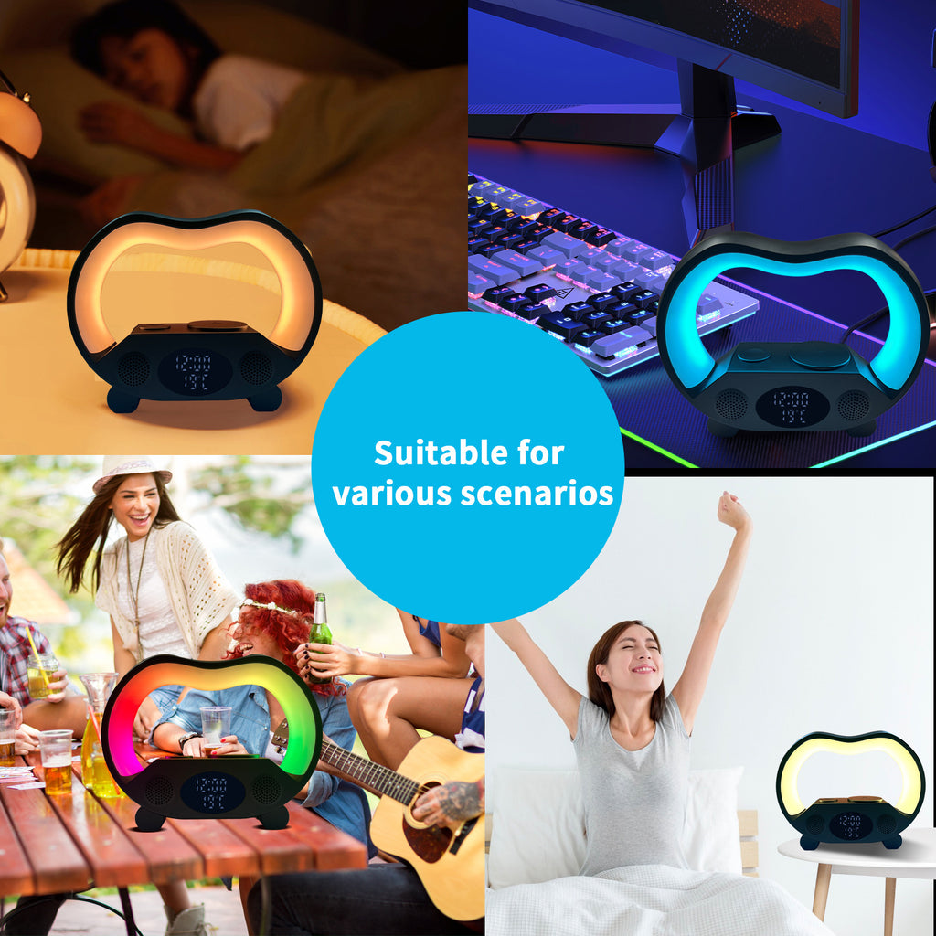 مصباح LED ذكي 6 في 1 مع شاحن لاسلكي وسماعة بلوتوث وتحكم عن بعد | New 6 In 1 Smart Remote Control Bluetooth-compatible Ambience Intelligent LED Table Lamp Multi-function Wireless Charger Night Light Bluetooth-compatible Speaker