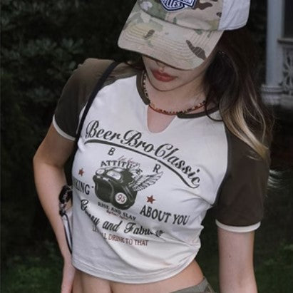 توب نسائي قصير بأكمام قصيرة وألوان متباينة | Contra Color Insert Shoulder Sleeve Short Sleeve Female Summer Slim Body Crop