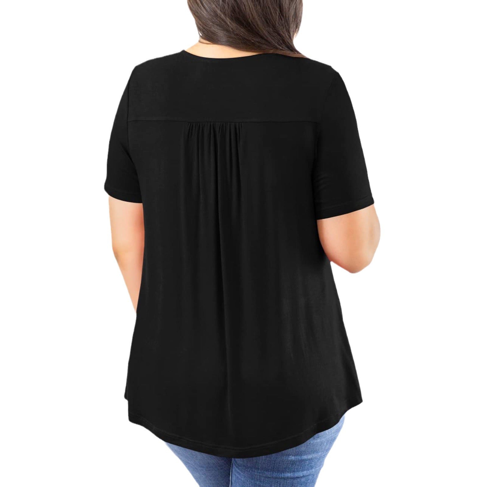 توب نسائي مقاس كبير بأكمام قصيرة ودانتيل مطوي | Women's Plus Size Short Sleeve Pullover Lace Pleated T-shirt Waist Top