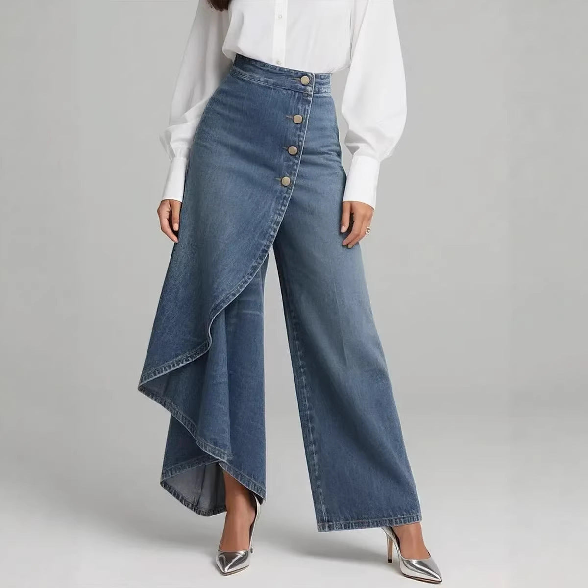 بنطلون نسائي أنيق بأزرار كبيرة | Unique Straight-leg Ruffled Buttons Faux Jeans Women