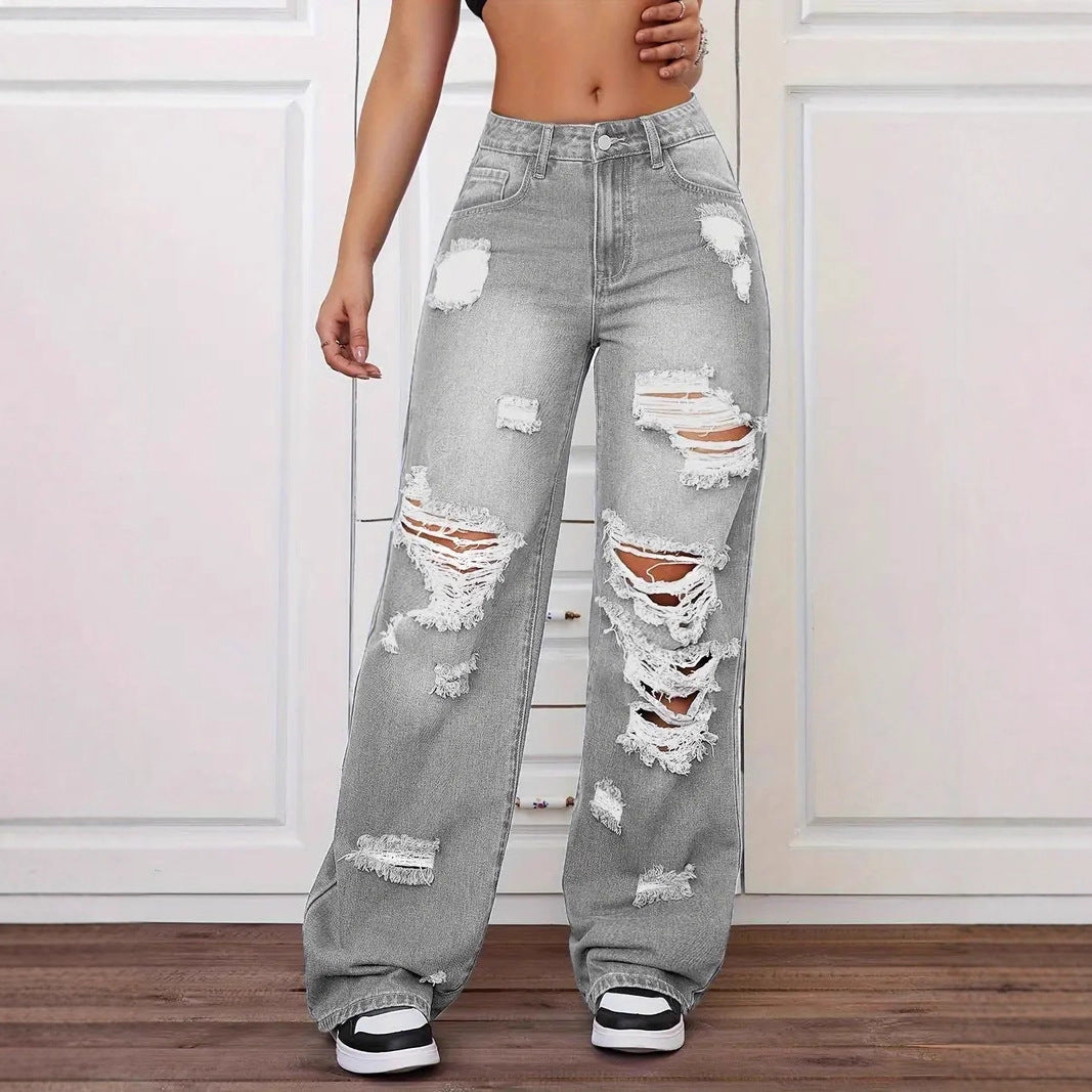جينز نسائي ممزق ومغسول | Trendy Washed Ripped Straight Jeans For Women
