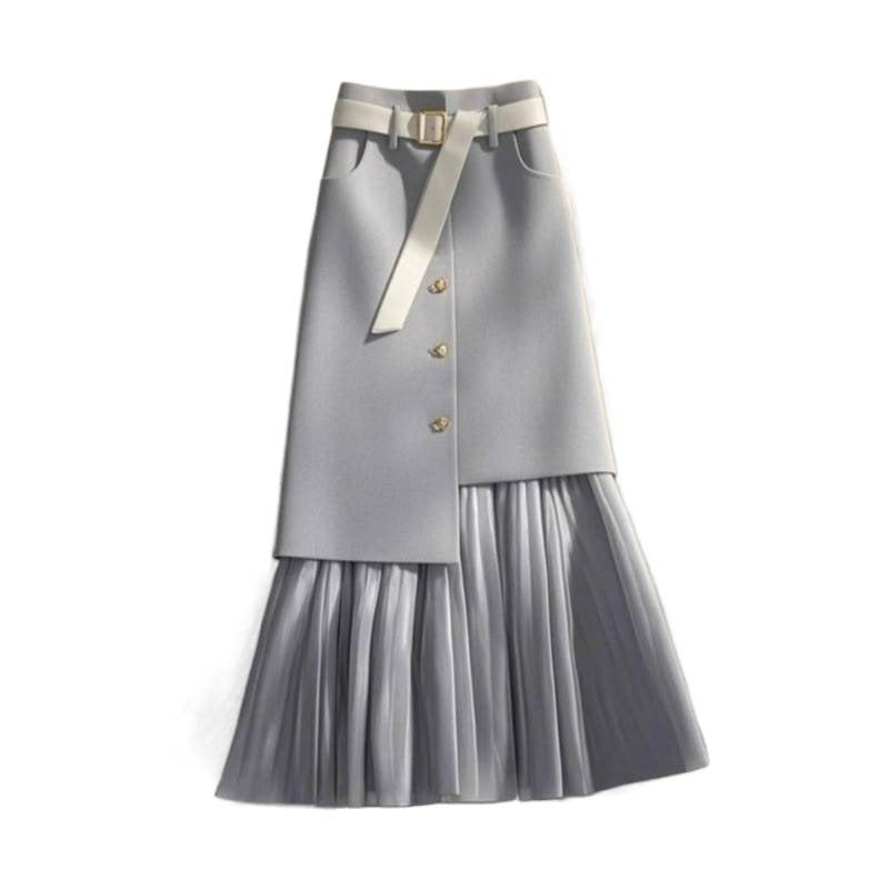 تنورة نسائية مستقيمة متوسطة الطول بتصميم رمادي | Womens Mid-Length Straight Skirt With Gray Patchwork Design