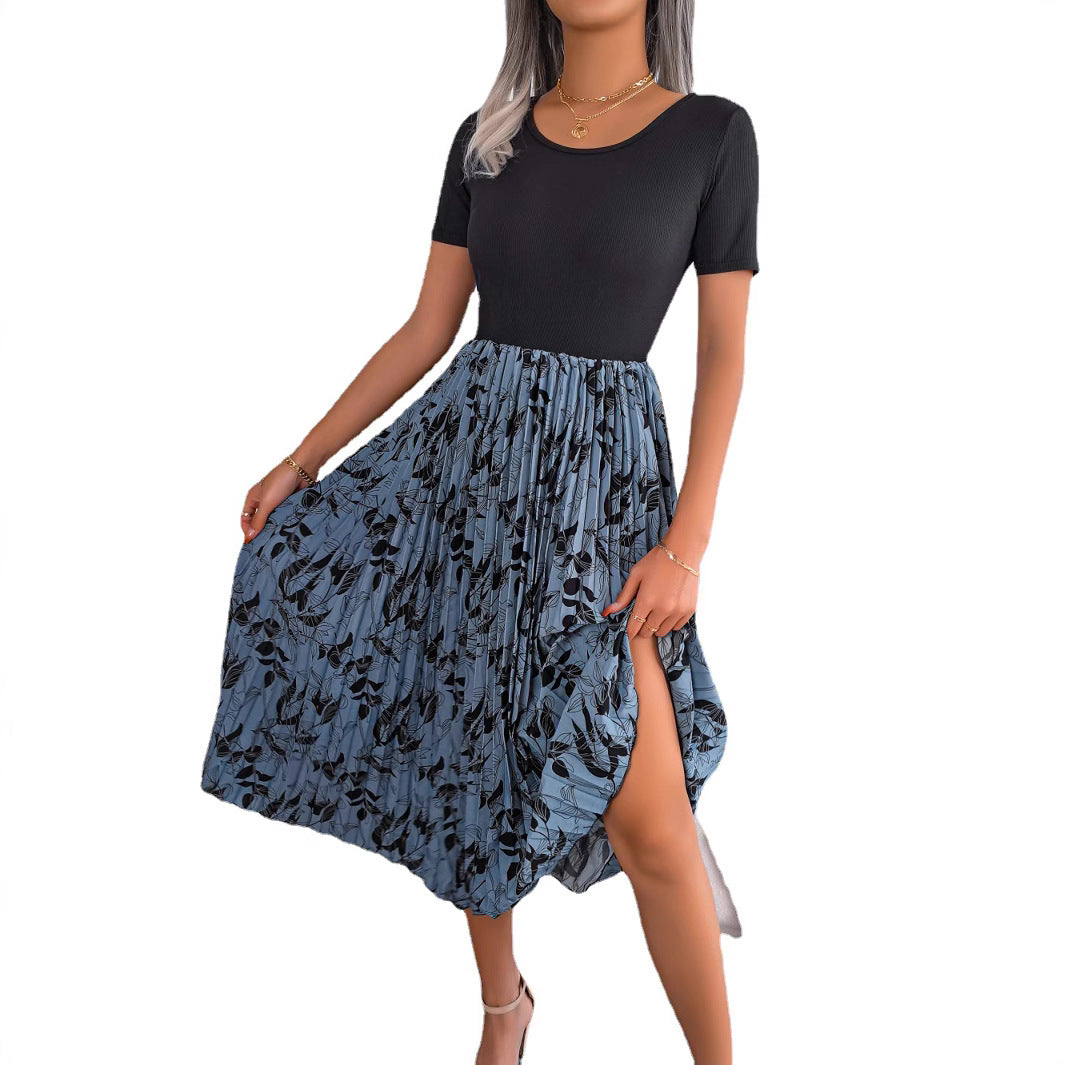 فستان نسائي كاجوال بطبعة أوراق عالي الخصر مطوي | Womens Casual Leaf-Print High-Waisted Pleated Midi Dress