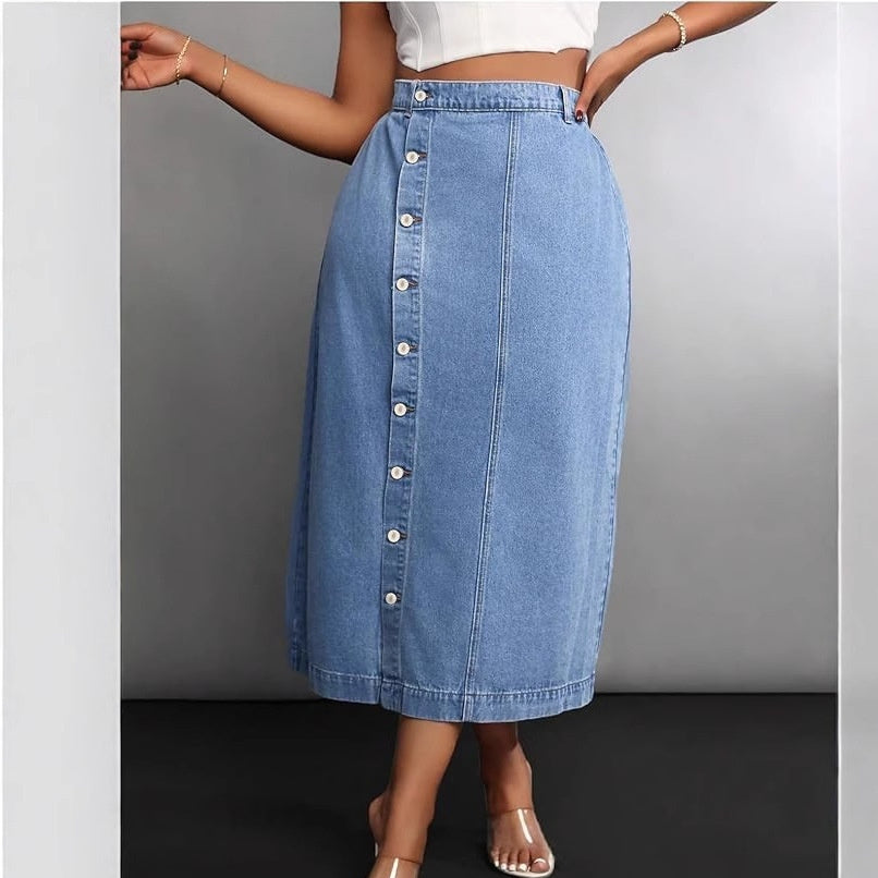 تنورة جينز نسائية أنيقة مقاس كبير بأزرار أمامية | Womens Stylish Plus-Size Denim Skirt With Button Front