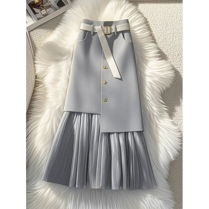 تنورة نسائية مستقيمة متوسطة الطول بتصميم رمادي | Womens Mid-Length Straight Skirt With Gray Patchwork Design