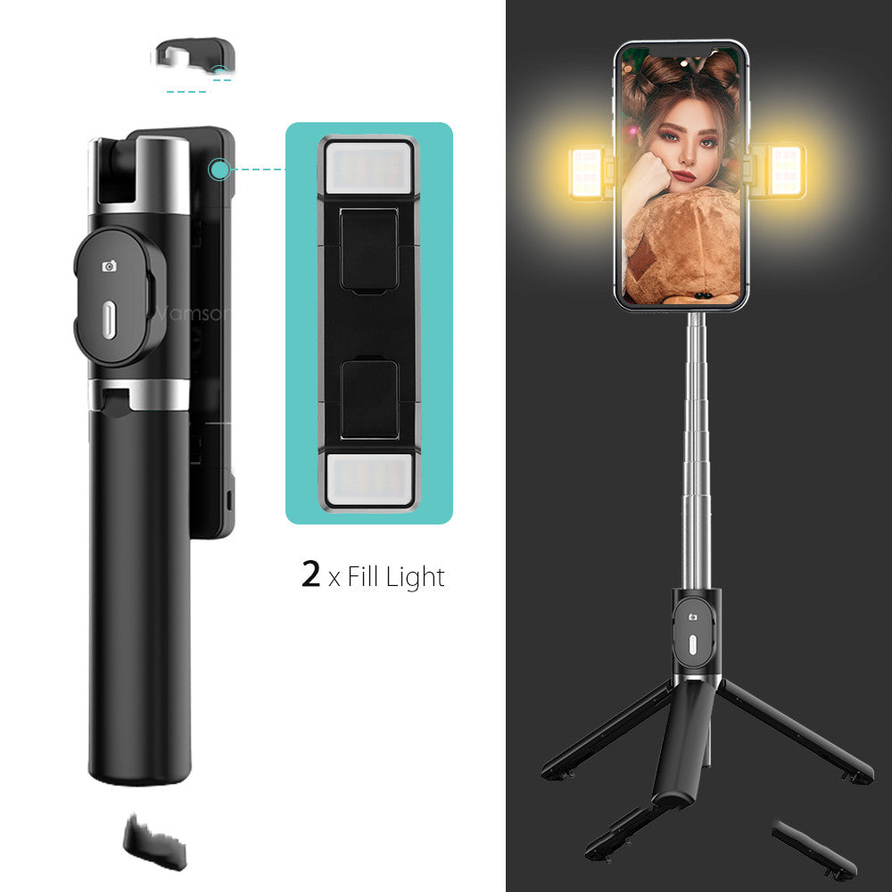 Compatible with Apple, Bluetooth Fill Light Selfie Stick Mobile Phone Integrated Tripod | عصا سيلفي بلوتوث مع إضاءة تصوير حامل ثلاثي متكامل للهواتف