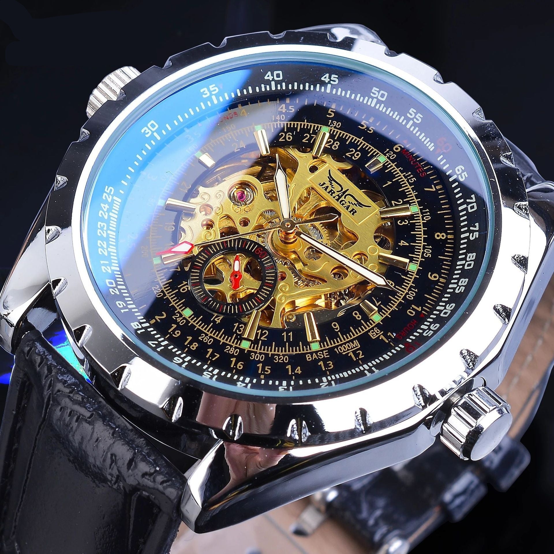 ساعة ميكانيكية أوتوماتيك بزجاج أزرق وتصميم مجوف لرجال الأعمال | Business-Casual Blue Glass Hollowed-Out Large-Dial Automatic Mechanical Watch