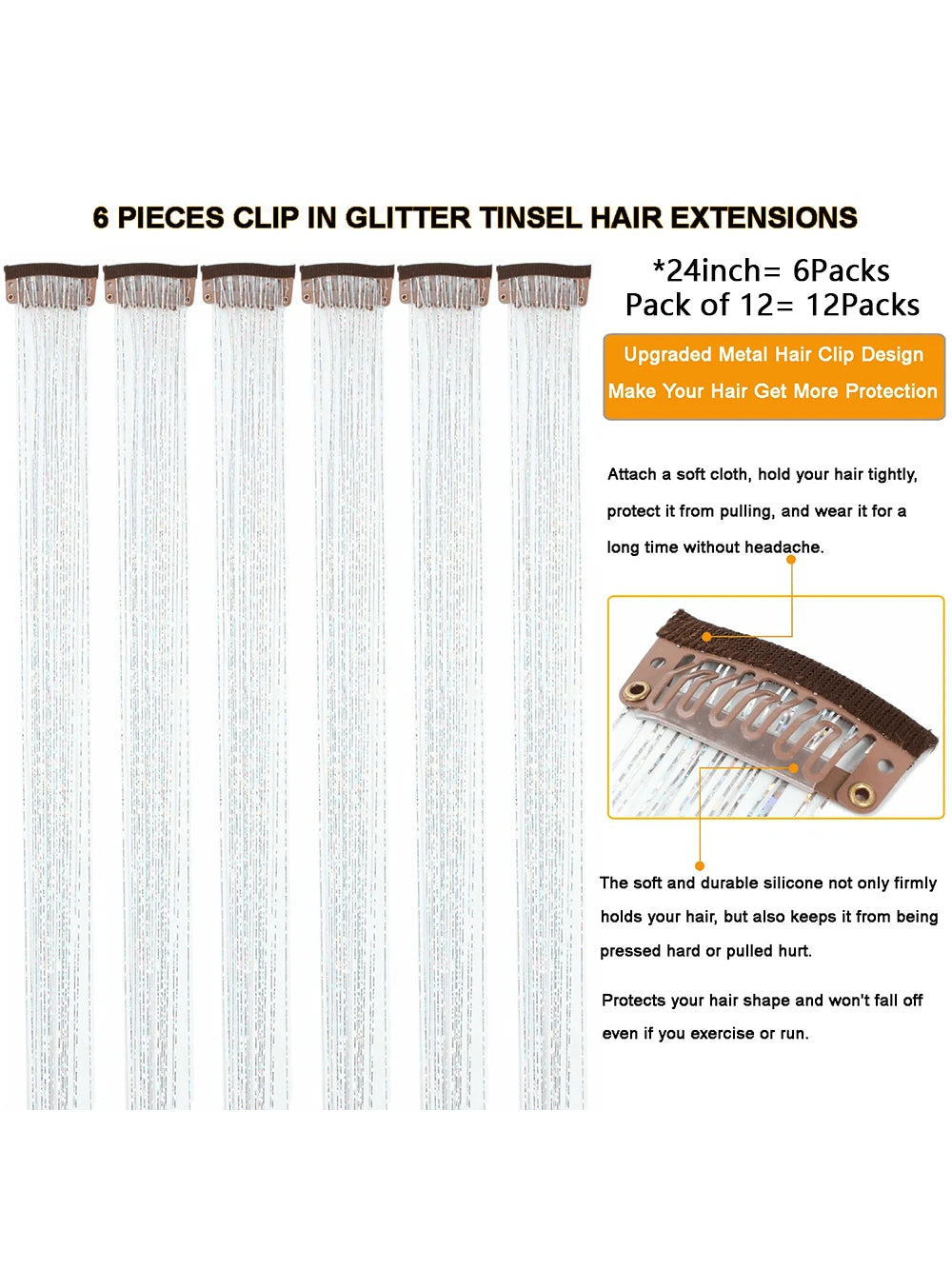 6Pcs Shiny Hair Clips, 23.6 Inch Sequin Hair Clips, Heat Resistant Shiny Fairy Hair Accessories Set, Suitable for Women (Silver)