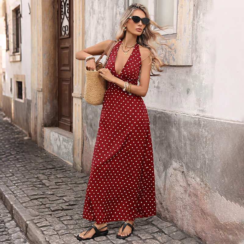 فستان نسائي كاجوال بنقاط طويل بياقة V أنيق عصري | Casual Dot Slim V-neck Long Dresses For Women 2026 Fashion Summer A-Line Midi Dress