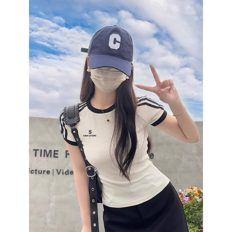 تيشيرت نسائي مطرز بياقة مستديرة | Female Bm Hot Girl Waist Embroidered Crew Neck Short Sleeve T-shirt Top