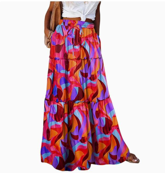 تنورة بوهيمية فضفاضة مطبوعة عالية الخصر | Bohemian-style Loose Casual Printed High-waisted Skirt