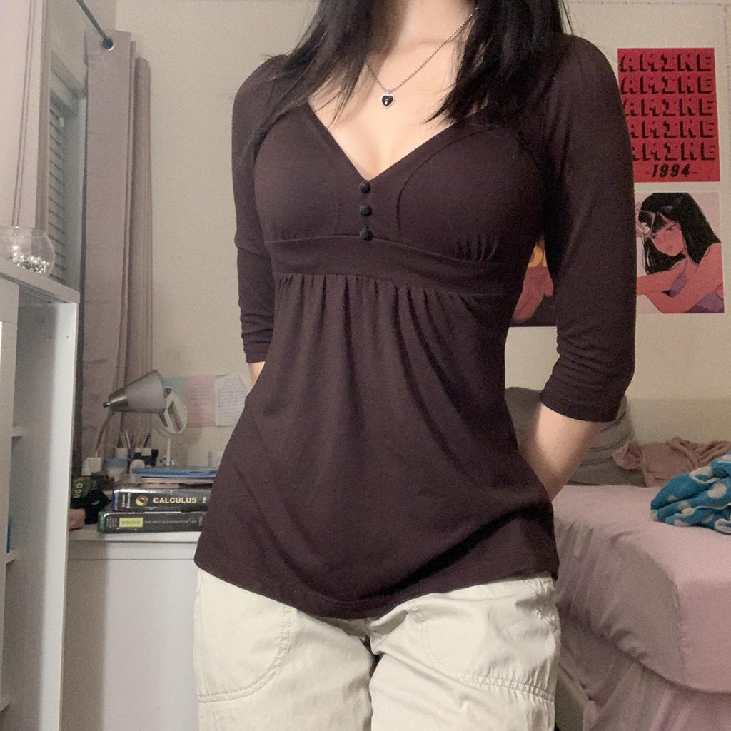 قميص صيفي بياقة V ولون سادة | Summer Pure Color Tight Casual Waist Tight V-neck Pullover Top